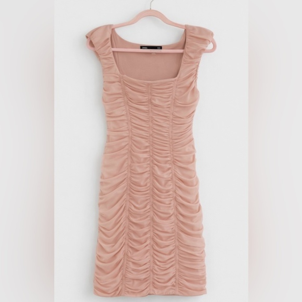 Zara Ruched Bodycon Mini Dress in Blush Pink Champagne - Size Medium (New)